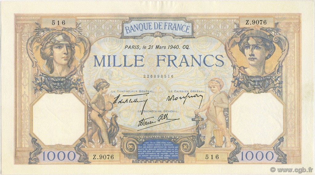 1000 Francs CÉRÈS ET MERCURE type modifié FRANCIA  1940 F.38.44 SC+
