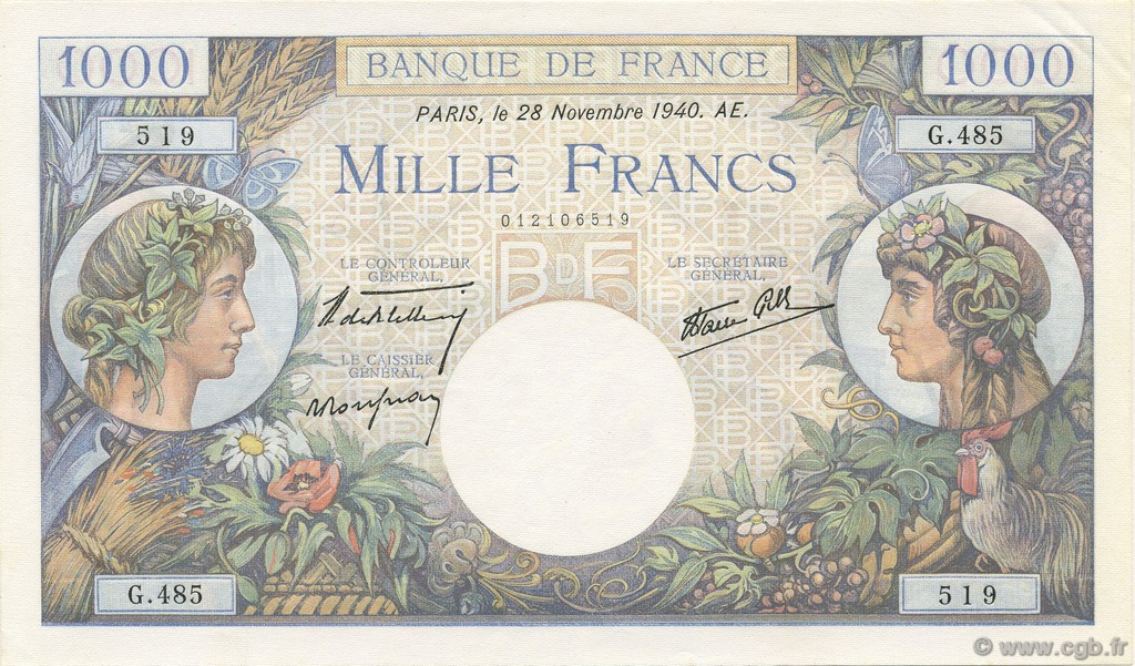 1000 Francs COMMERCE ET INDUSTRIE FRANKREICH  1940 F.39.02 fST+