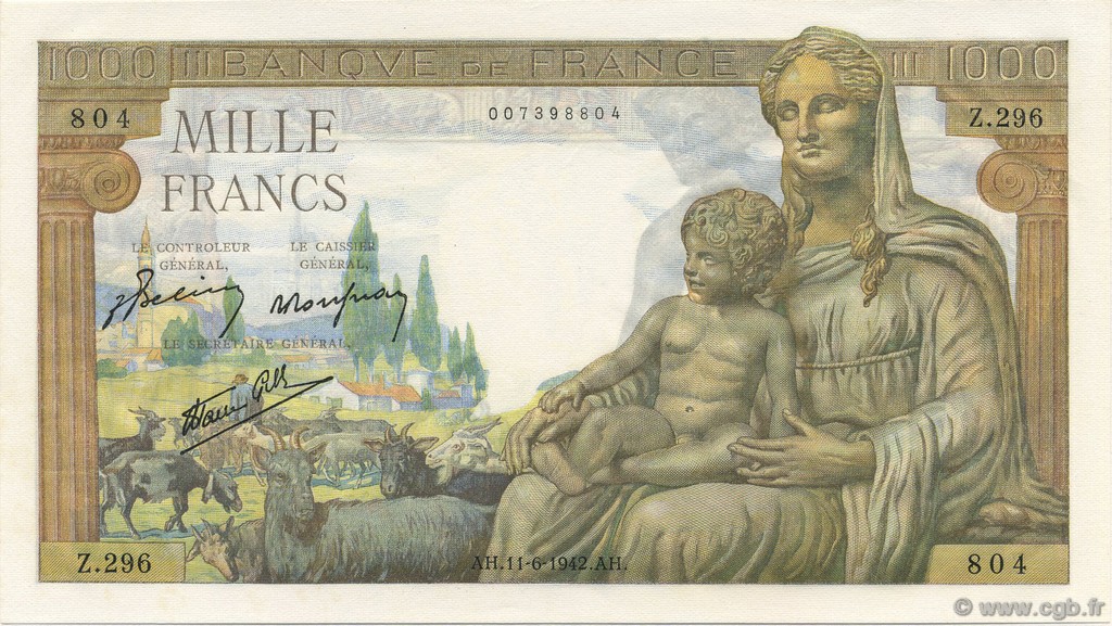 1000 Francs DÉESSE DÉMÉTER FRANCE  1942 F.40.02 NEUF