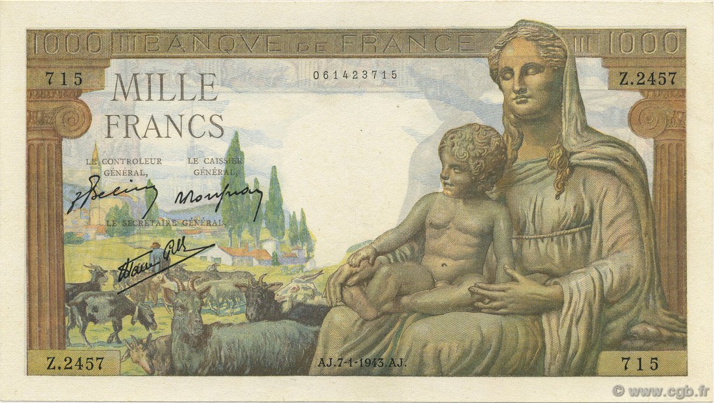 1000 Francs DÉESSE DÉMÉTER FRANCE  1943 F.40.15 SPL+