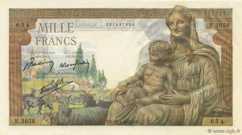 1000 Francs DÉESSE DÉMÉTER FRANCIA  1943 F.40.17 q.FDC