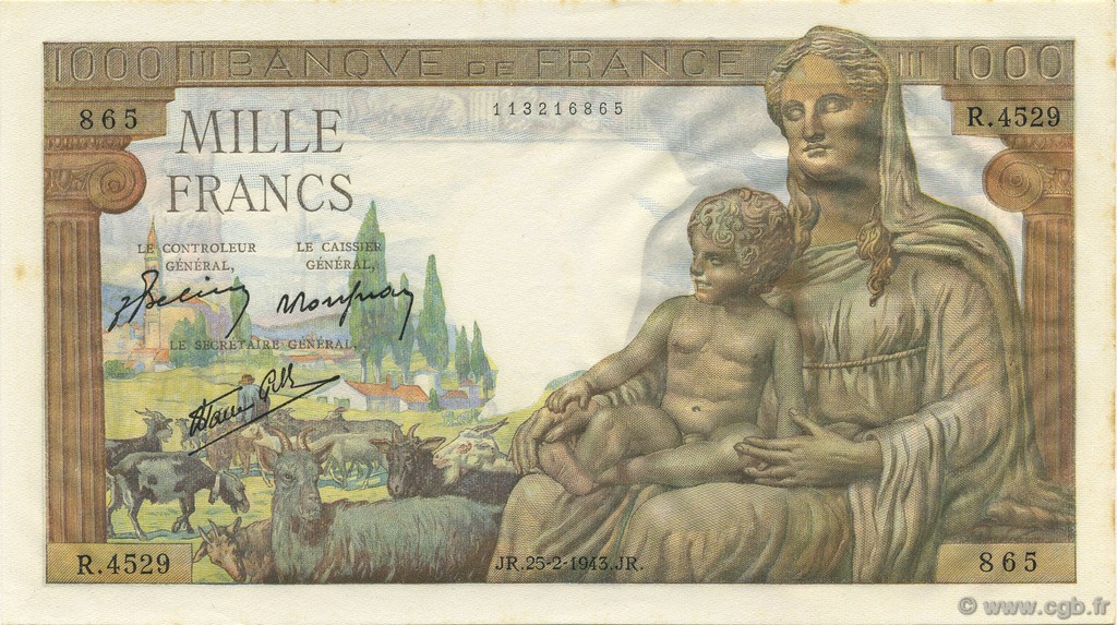 1000 Francs DÉESSE DÉMÉTER FRANCE  1943 F.40.20 UNC-