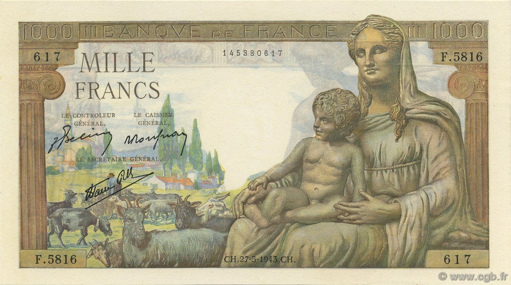 1000 Francs DÉESSE DÉMÉTER FRANCIA  1943 F.40.25 FDC