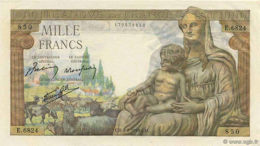 1000 Francs DÉESSE DÉMÉTER FRANCE  1943 F.40.29 UNC-