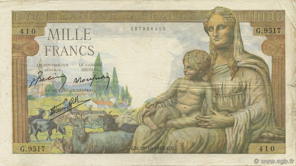 1000 Francs DÉESSE DÉMÉTER FRANCE  1943 F.40.38 F+