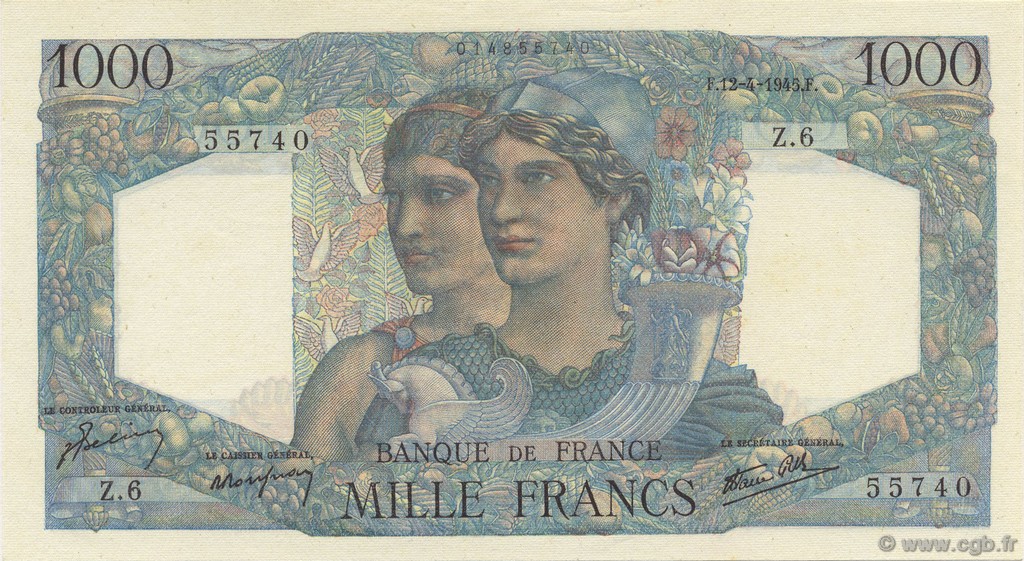 1000 Francs MINERVE ET HERCULE FRANCIA  1945 F.41.01 q.FDC