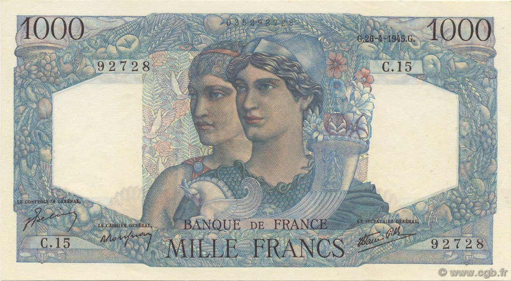 1000 Francs MINERVE ET HERCULE FRANCIA  1945 F.41.02 FDC