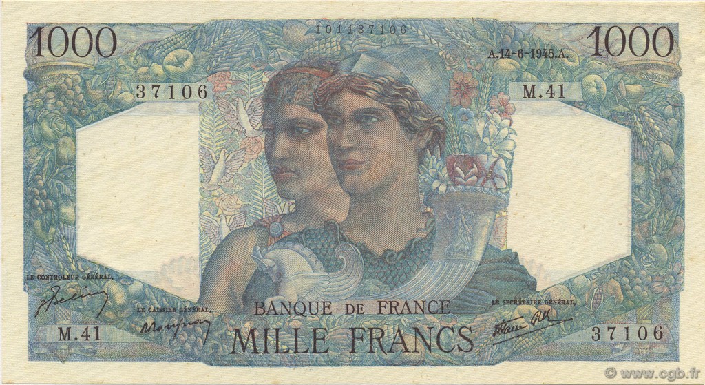 1000 Francs MINERVE ET HERCULE FRANCIA  1945 F.41.04 FDC