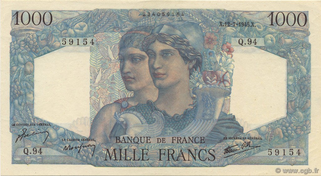 1000 Francs MINERVE ET HERCULE FRANCE  1945 F.41.06 UNC-