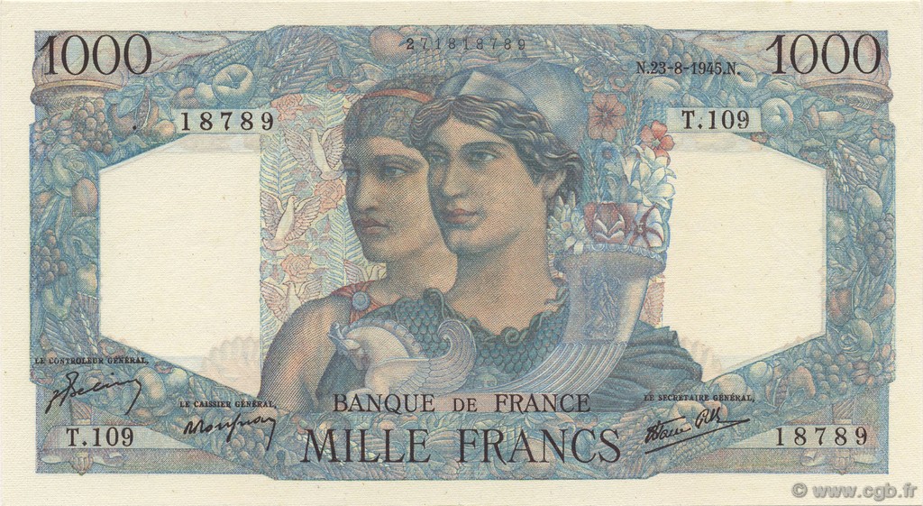 1000 Francs MINERVE ET HERCULE FRANCE  1945 F.41.07 UNC