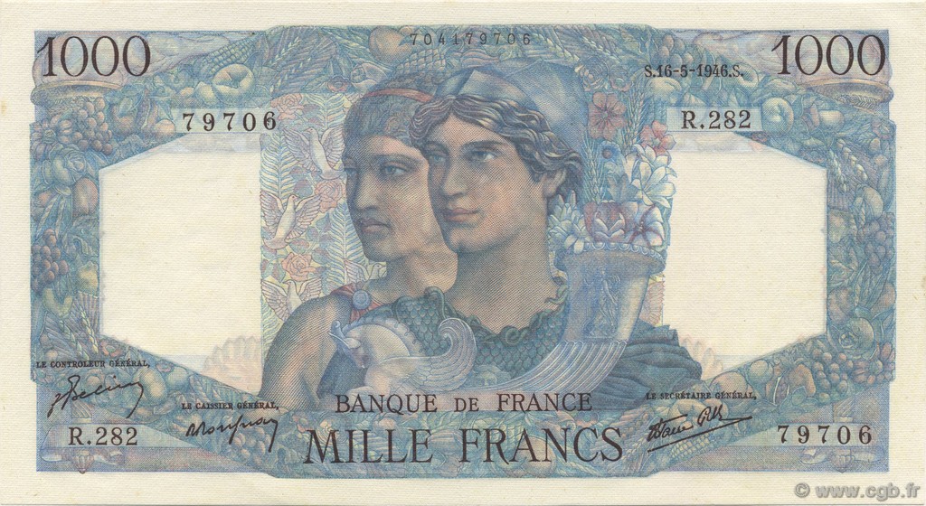 1000 Francs MINERVE ET HERCULE FRANCE  1946 F.41.14 UNC-