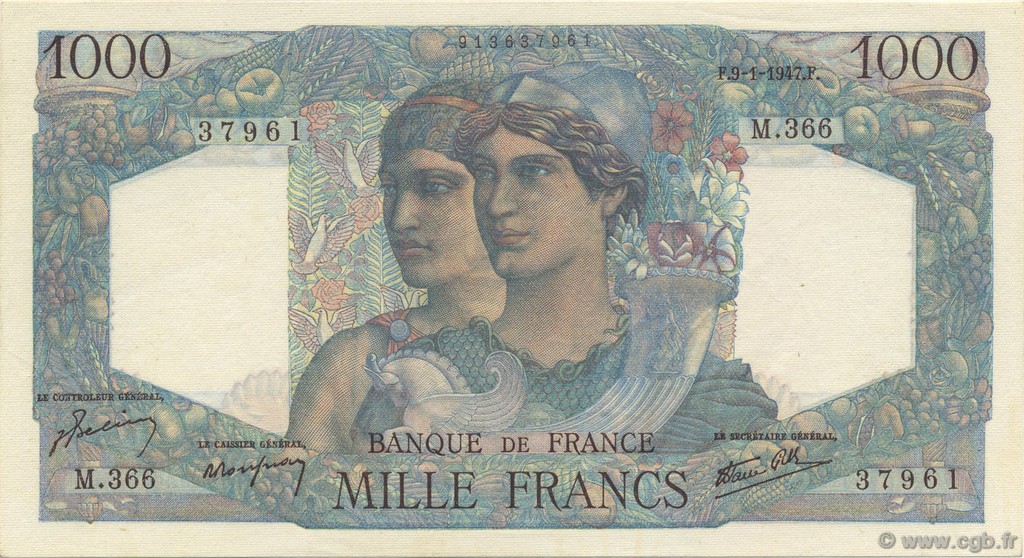 1000 Francs MINERVE ET HERCULE FRANKREICH  1947 F.41.18 fST+