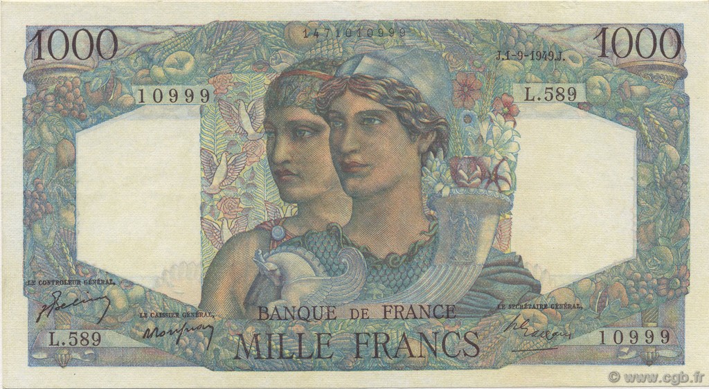 1000 Francs MINERVE ET HERCULE FRANCE  1949 F.41.28 XF