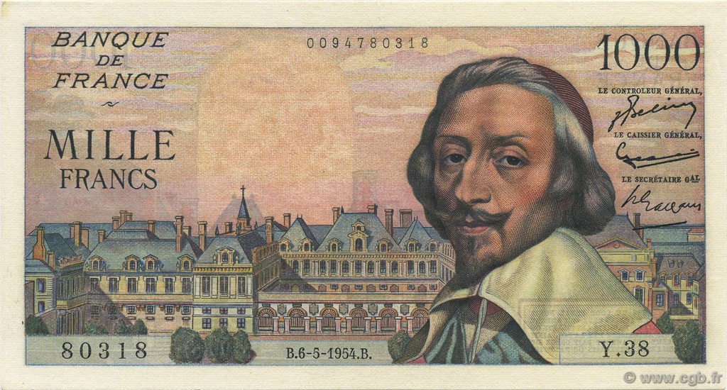 1000 Francs RICHELIEU FRANCE  1954 F.42.05 AU+