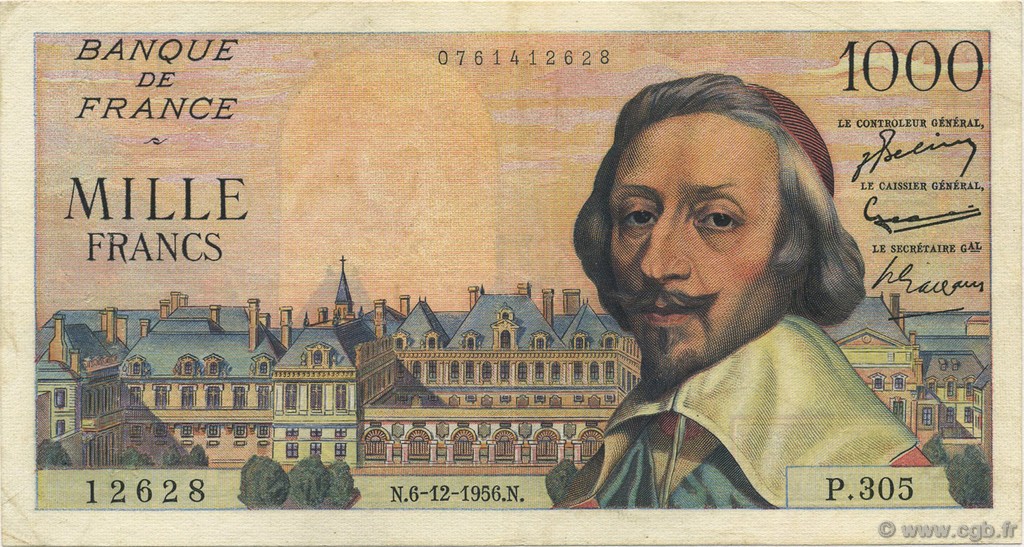 1000 Francs RICHELIEU FRANKREICH  1956 F.42.24 fVZ