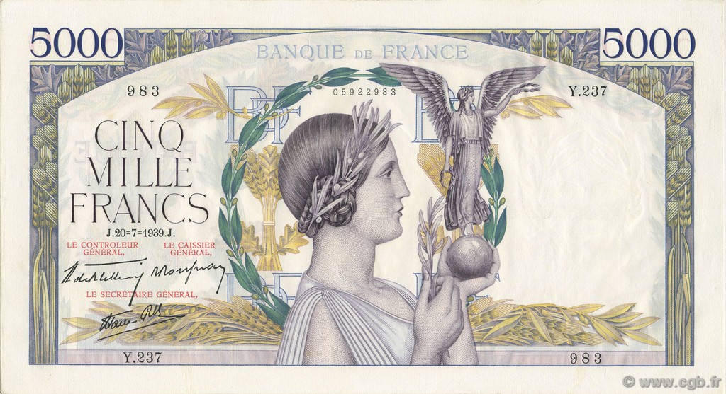 5000 Francs VICTOIRE Impression à plat FRANCE  1939 F.46.08 AU