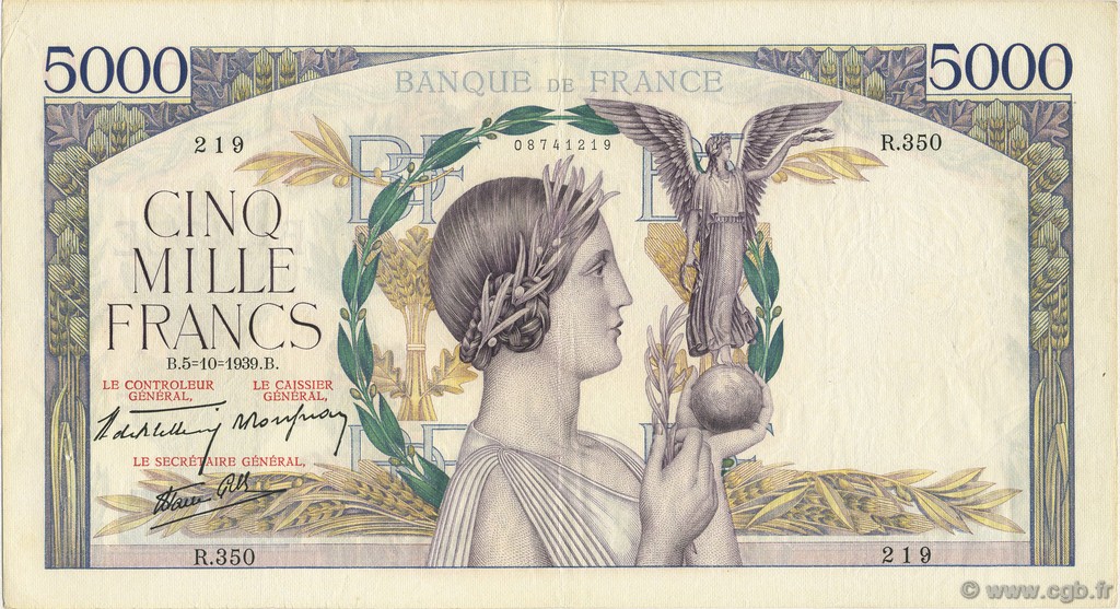 5000 Francs VICTOIRE Impression à plat FRANCIA  1939 F.46.13 BB to SPL