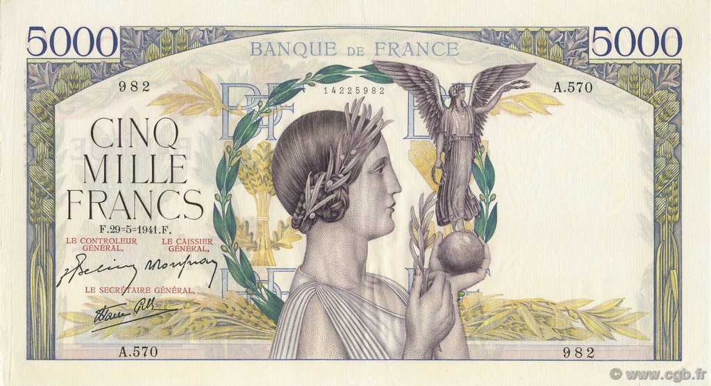 5000 Francs VICTOIRE Impression à plat FRANKREICH  1941 F.46.22 fST