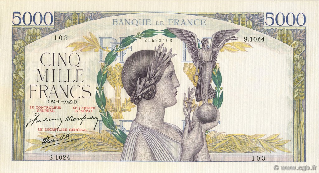 5000 Francs VICTOIRE Impression à plat FRANCE  1942 F.46.41 AU