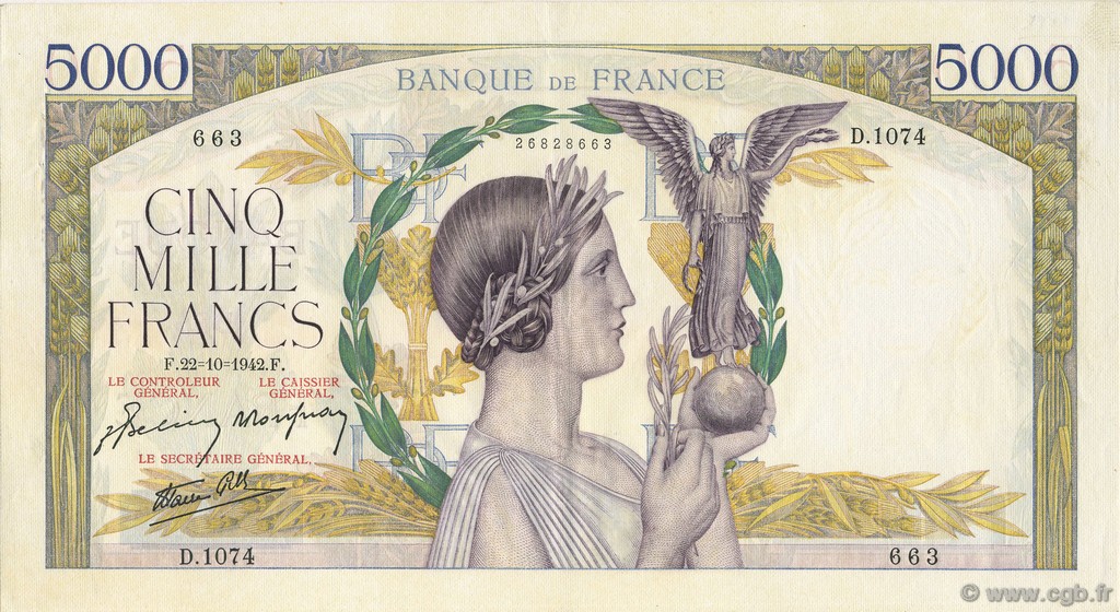 5000 Francs VICTOIRE Impression à plat FRANCE  1942 F.46.43 pr.SPL