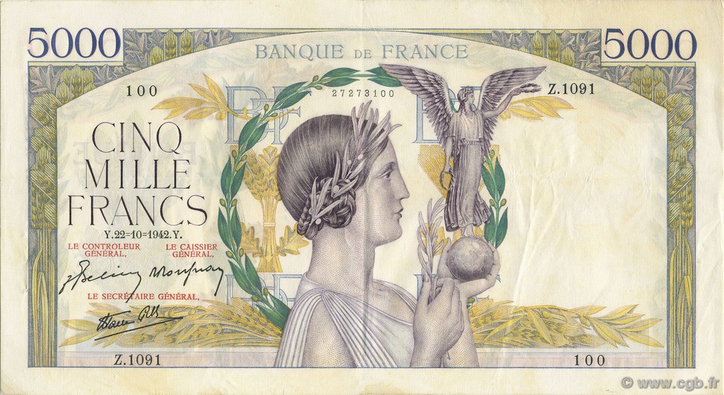 5000 Francs VICTOIRE Impression à plat FRANKREICH  1942 F.46.43 fVZ