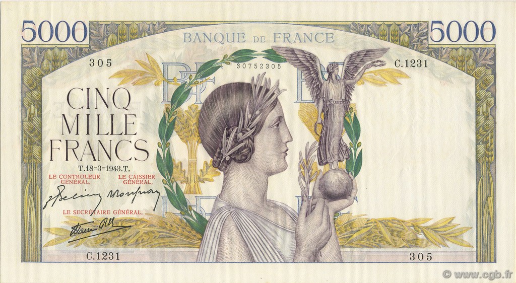 5000 Francs VICTOIRE Impression à plat FRANCE  1943 F.46.49 AU