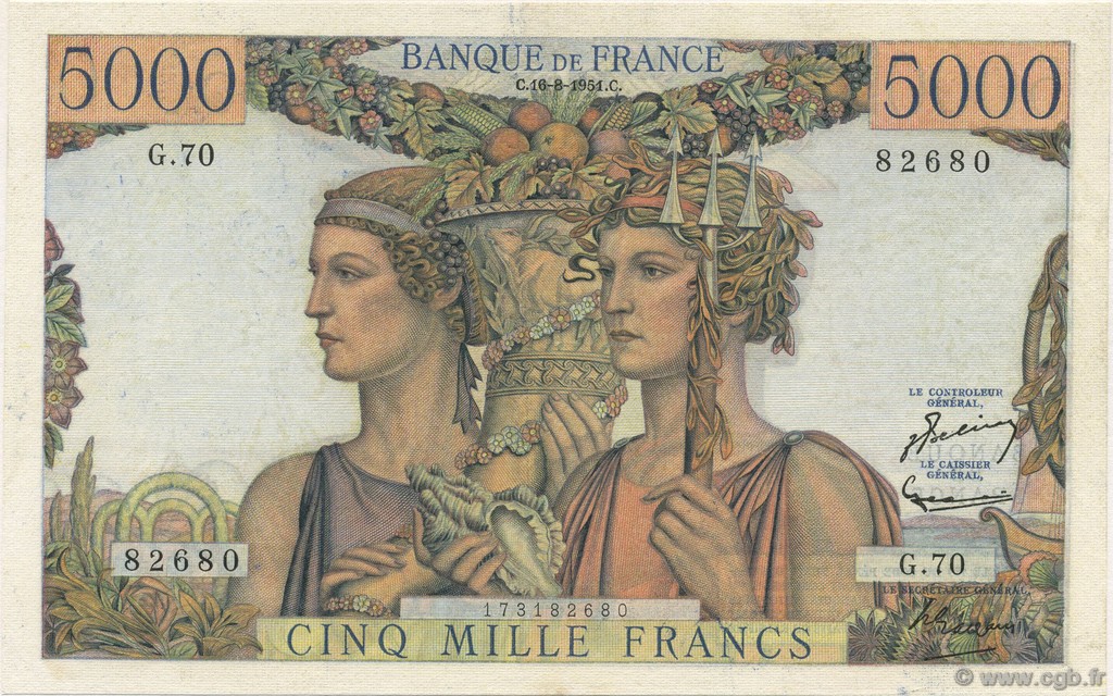 5000 Francs TERRE ET MER FRANCE  1951 F.48.05 AU