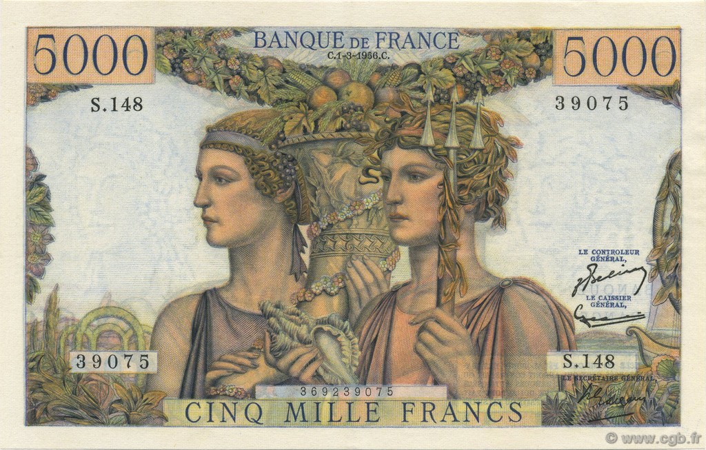 5000 Francs TERRE ET MER FRANCIA  1956 F.48.11 SC+