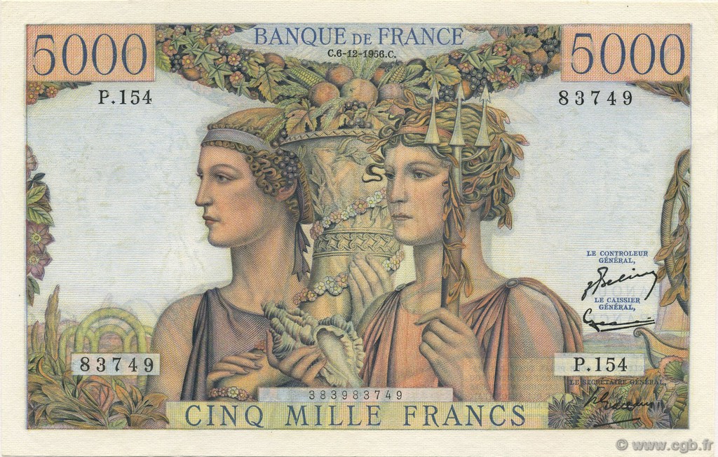 5000 Francs TERRE ET MER FRANCE  1956 F.48.12 AU