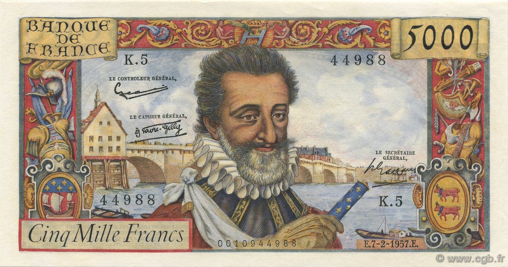 5000 Francs HENRI IV FRANCE  1957 F.49.01 XF+