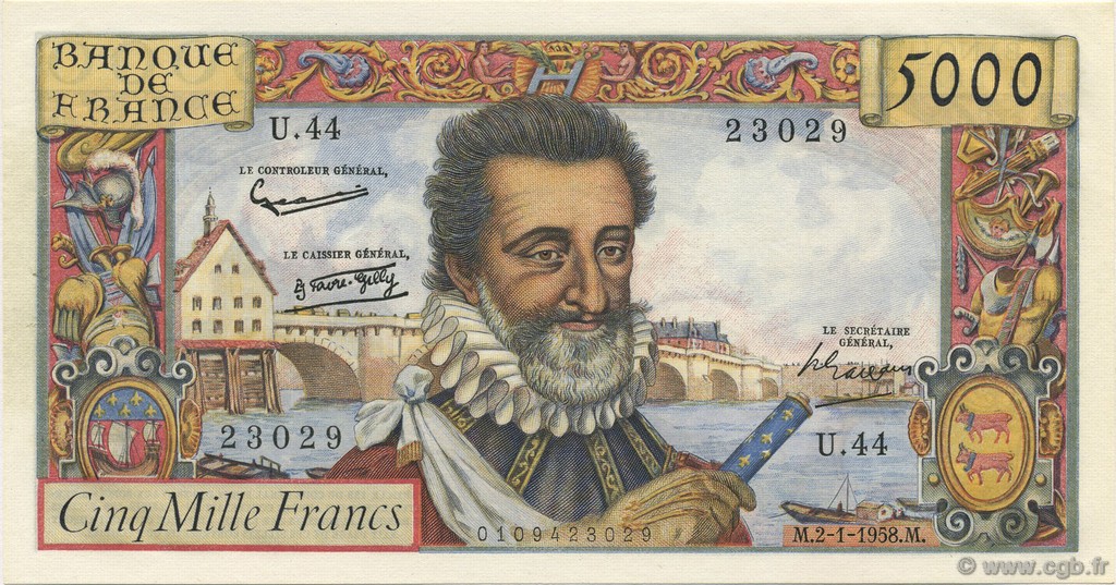 5000 Francs HENRI IV FRANCIA  1958 F.49.05 AU