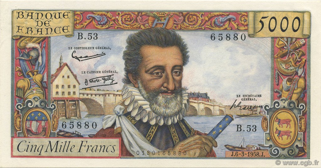 5000 Francs HENRI IV FRANCIA  1958 F.49.06 AU