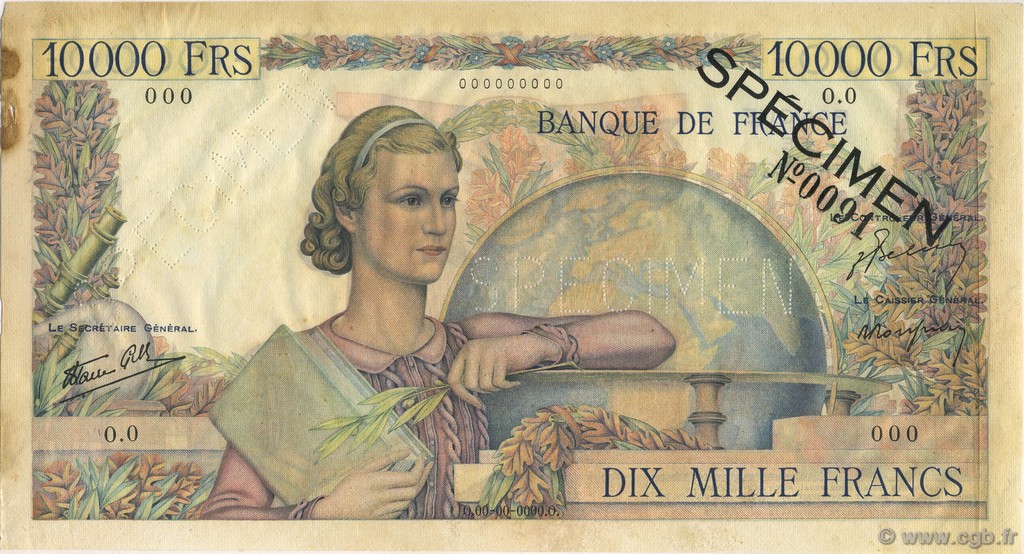 10000 Francs GÉNIE FRANÇAIS FRANCE  1945 F.50.01Spn VF+