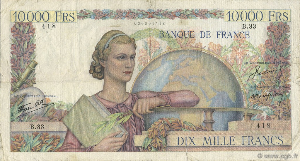 10000 Francs GÉNIE FRANÇAIS FRANCE  1946 F.50.02 F