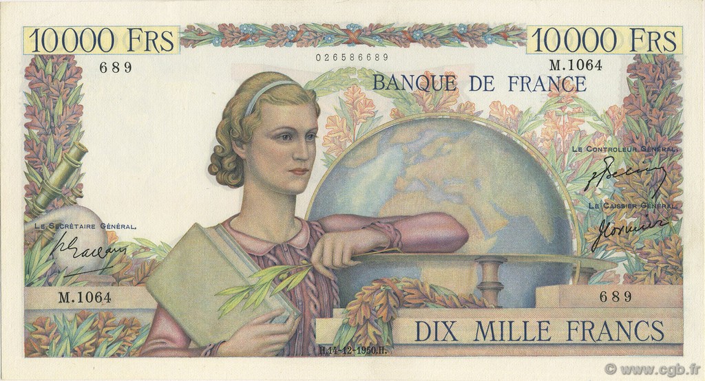 10000 Francs GÉNIE FRANÇAIS FRANCE  1950 F.50.45 XF+