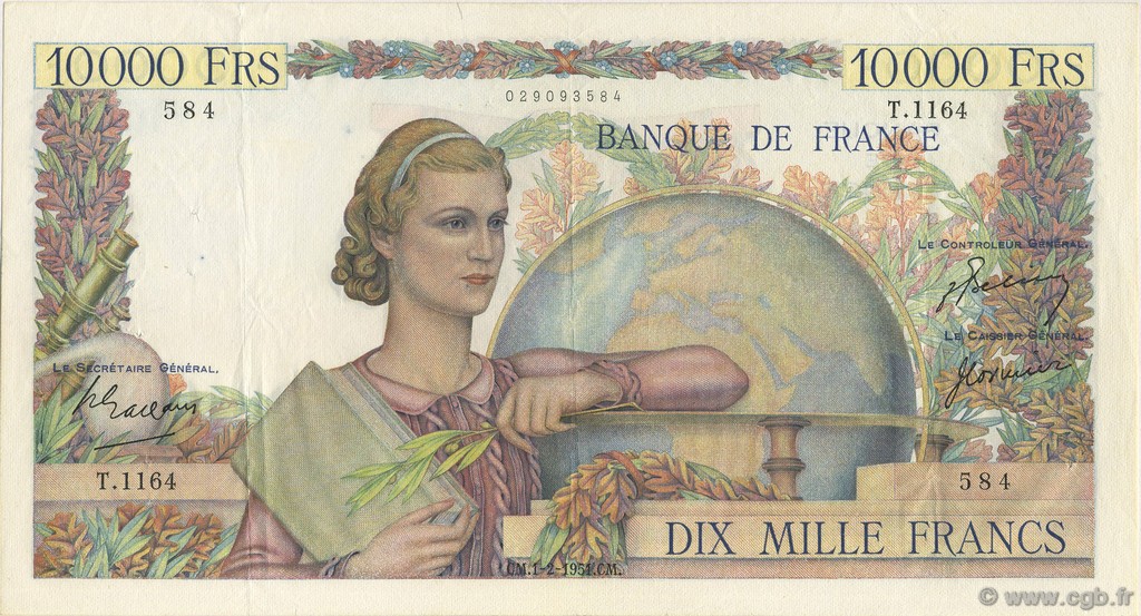 10000 Francs GÉNIE FRANÇAIS FRANKREICH  1951 F.50.47 SS