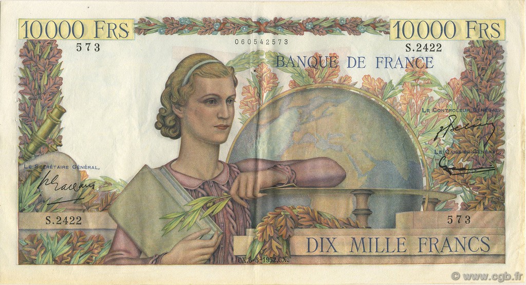 10000 Francs GÉNIE FRANÇAIS FRANKREICH  1952 F.50.57 fVZ