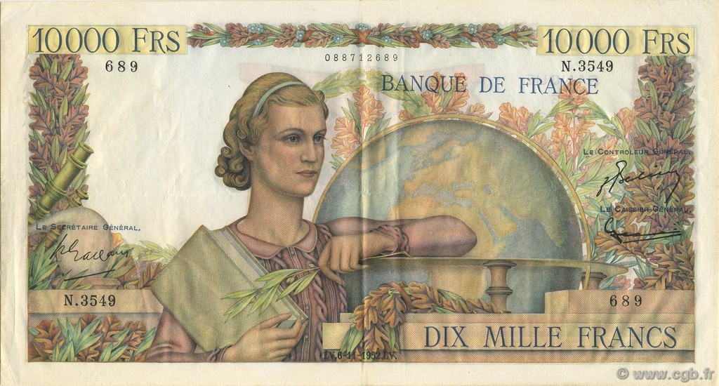 10000 Francs GÉNIE FRANÇAIS FRANCIA  1952 F.50.61 BB to SPL