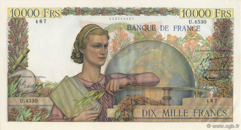 10000 Francs GÉNIE FRANÇAIS FRANKREICH  1953 F.50.64 fST