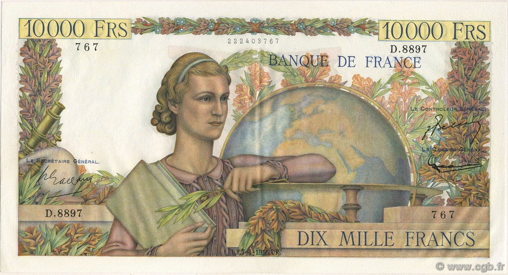 10000 Francs GÉNIE FRANÇAIS FRANKREICH  1955 F.50.74 VZ+