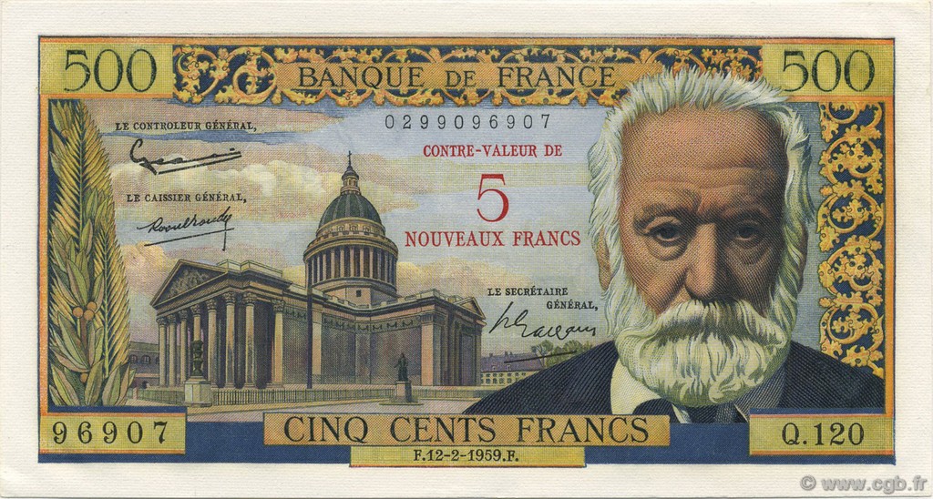 5 NF sur 500 Francs Victor HUGO FRANCE  1959 F.52.02 UNC