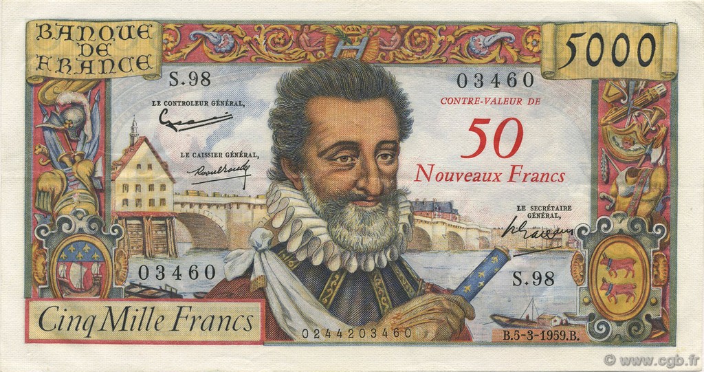50 NF sur 5000 Francs HENRI IV FRANCIA  1959 F.54.02 SPL+