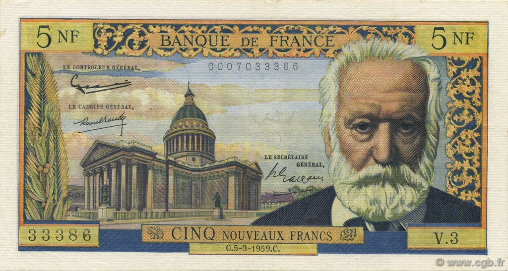 5 Nouveaux Francs VICTOR HUGO FRANKREICH  1959 F.56.01 fVZ
