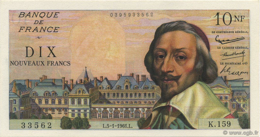 10 Nouveaux Francs RICHELIEU FRANCE  1961 F.57.13 UNC-