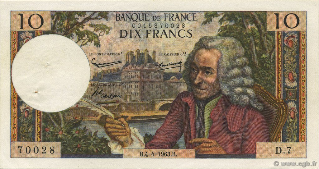 10 Francs VOLTAIRE FRANCE  1963 F.62.02 XF+