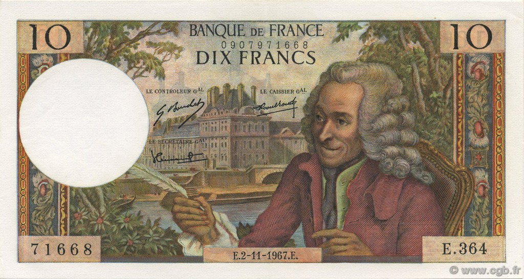 10 Francs VOLTAIRE FRANCIA  1967 F.62.29 EBC a SC