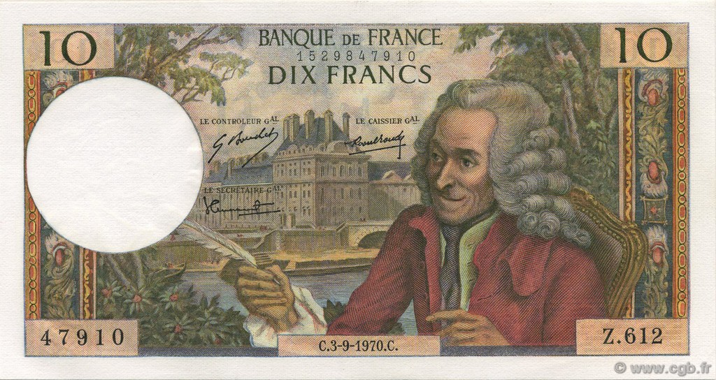 10 Francs VOLTAIRE FRANKREICH  1970 F.62.46 fST+