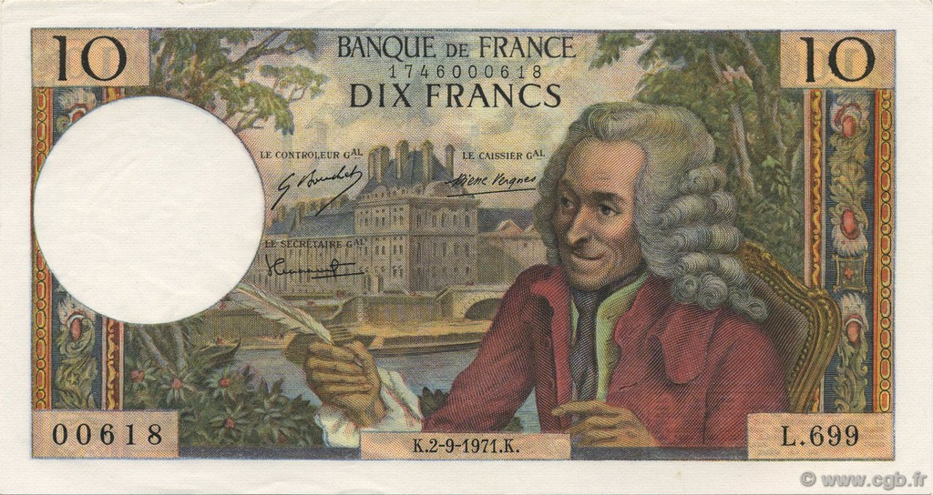 10 Francs VOLTAIRE FRANCE  1971 F.62.51 AU+