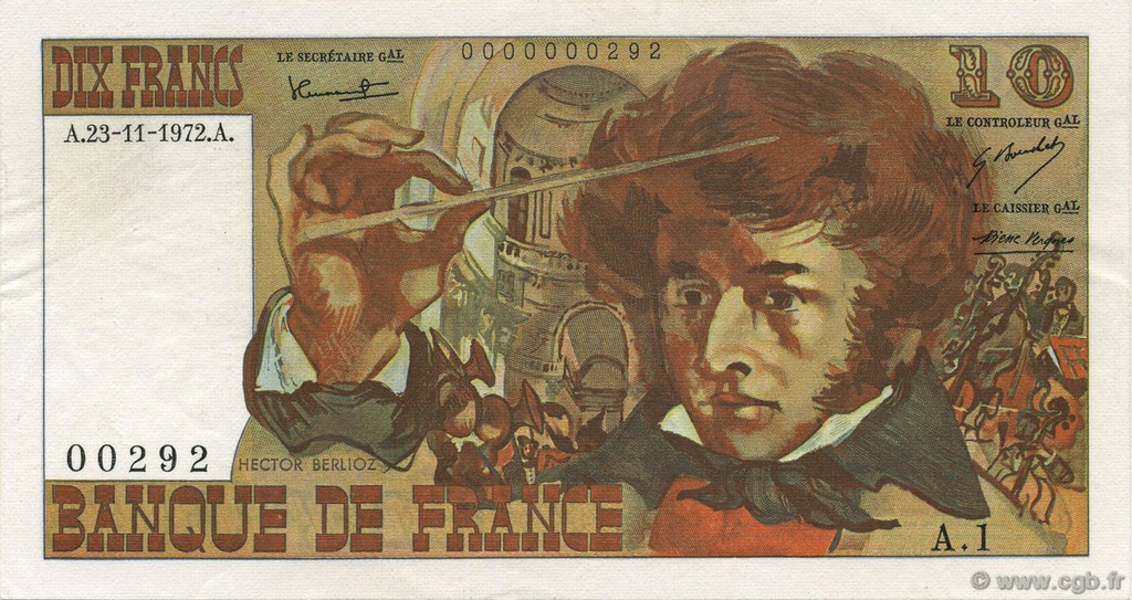 10 Francs BERLIOZ FRANKREICH  1972 F.63.01A1 VZ to fST