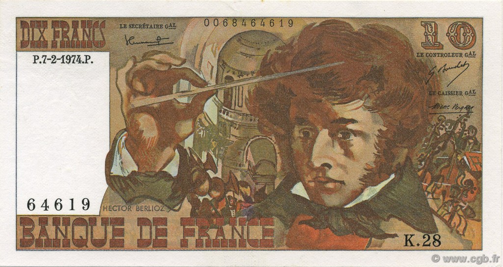 10 Francs BERLIOZ FRANCIA  1974 F.63.03 AU